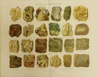 1899 - alter Druck - Mineralien und Gesteine (Freie Kristallgruppe, Achatmandel,